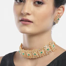 YouBella Green & Cream-Coloured Gold-Plated Stone Studded & Beaded Jewellery Set image 1