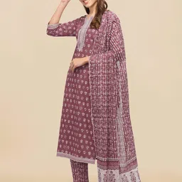 KALINI Women Pink & Off-White Printed Kurta with Trousers & Dupatta image 5