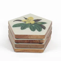 ireka homes White & Green Acacia Wood Floral (Set of 4) Coasters image 3