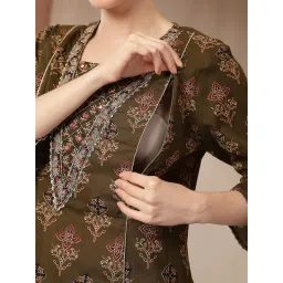 Zelena Cotton Maternity Kurta Pant and Dupatta -Olive Green image 3
