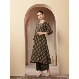 Zelena Cotton Maternity Kurta Pant and Dupatta -Olive Green image 4
