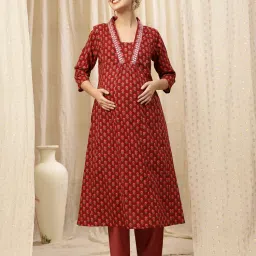 Zelena Cotton Maternity Anarkali and Pant -Red-picture-11
