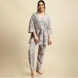 Secret Wish Womens Grey & Pink Jaipuri Floral Block Print 3 Piece Night Suit (Set of 4)-picture-12