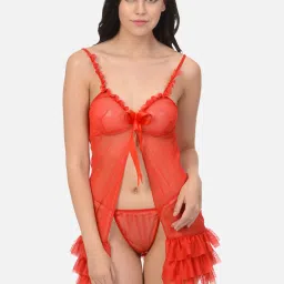 Mod & Shy Hot Red Sexy Mesh Net Nightwear Baby doll Dress With G-String image 1