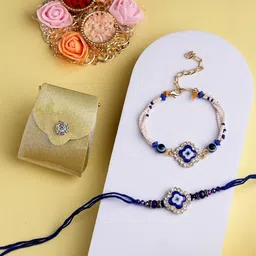 ADIVA Set Of 2 Cubic Zirconia Studded Rakhi With Bag & Pooja Thali Roli Chawal Gift Set-picture-12