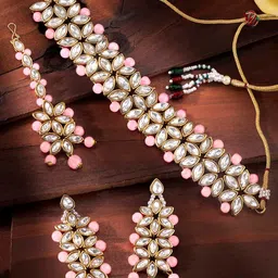 Peora Gold-Plated Pink Kundan Studded Choker Jewellery Set-image-44