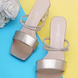 SHUZ TOUCH Gold-Toned Textured Block Mules with Bows-image-46