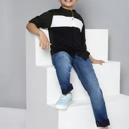 HERE&NOW Boys Black & Olive Colourblocked Casual Shirt-picture-44