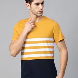 Roadster Men Mustard Yellow & Navy Blue Striped Round Neck T-shirt-picture-20