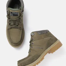 Woodland Men Olive Green Leather Derbys-image-4