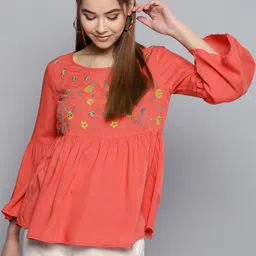 STREET 9 Women Coral Orange Embroidered A-Line Top-picture-19