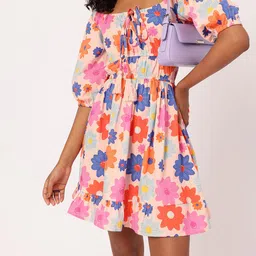 DressBerry Vibrant Play Floral Printed Cinched Waist A-line Mini Dress-picture-12