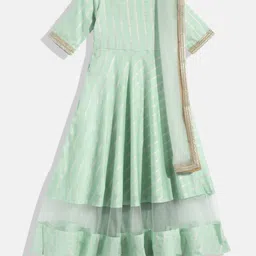 Ethnovog Girls Green Striped Pleated Made To Measure Kurta with PyjamasDupatta-image-69