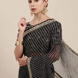 Mitera Women Black & White Embroidered Pure Georgette Bandhani Saree-picture-33