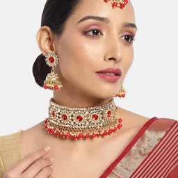 ASMITTA JEWELLERY Women 18K Gold-Toned & Coral Kundan Beaded Necklace Set with Maang Tika-image-83