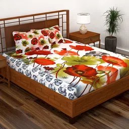 Story@home White & Green Floral 186 TC Cotton 1 Double Bedsheet with 2 Pillow Covers-picture-34