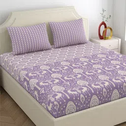 Home Ecstasy Purple & White 140 TC King Fitted Cotton Bedsheet with 2 Pillow Covers-image-65