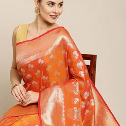 Royal Rajgharana Saree Orange & Gold Floral Zari Silk Blend Celebrity Banarasi Sarees-picture-39