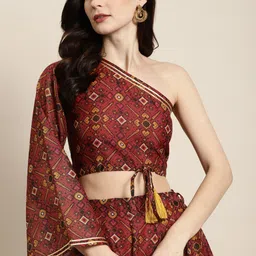 Shae by SASSAFRAS Maroon & Green  Patola One Shoulder Blouson Crop Top-picture-10