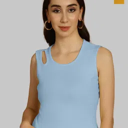 Friskers Turquoise Blue & Mustard Yellow Keyhole Neck Cotton Sleeveless Top-picture-33