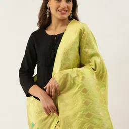 SANGAM PRINTS Lime Green & Golden Ethnic Motifs Woven Design Dupatta with Tassel Border-image-3
