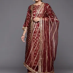 Indo Era Women Maroon Printed Liva Kurta with Trousers & With Dupatta-picture-17