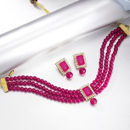 Peora Magenta Beaded & Stone Studded Choker Necklace & Earrings Jewellery Set-picture-31