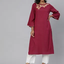 Global Desi Women Maroon Floral Printed Keyhole Neck Flared Sleeves Thread Work Kurta-image-99