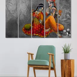 999Store Set of 5 Grey & Yellow Printed Radha Krishna Framed Wall Art-picture-19
