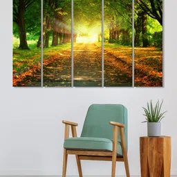 999Store Set of 5 Green & Brown Printed Autumn Street Framed Wall Art-picture-11