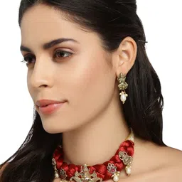 Anouk Gold-Plated And Red Pearls Beaded Lakshmi Mata Idol Necklace And Earrings-picture-19
