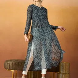 TextileNow Bandhani Printed Pleated Georgette A-Line Kurta-picture-10