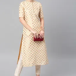 Vishudh Women Cream-Coloured & Gold-Toned Self Design Kurta with Trousers-picture-23