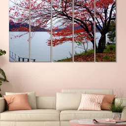 999Store Set of 5 Red & Green Printed Leaves Tree And Lake Framed Wall Art-image-40
