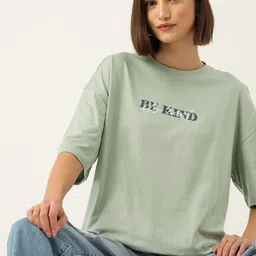 DressBerry Women Typography Printed Drop-Shoulder Sleeves Pure Cotton Boxy T-shirt-image-70