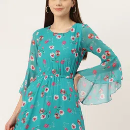 DressBerry Turquoise Blue Floral Printed Puff Sleeve Maxi Dress-picture-39