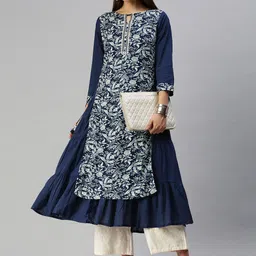 Global Desi Women Blue & White Floral Printed Keyhole Neck A-Line Kurta-image-57