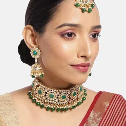 ASMITTA JEWELLERY Women 18K Gold-Toned Kundan Beaded Necklace Set with Maang Tika-picture-11