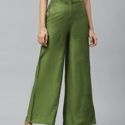Tulsattva Women Olive Green Smart Flared Self Design Parallel Trousers-image-54