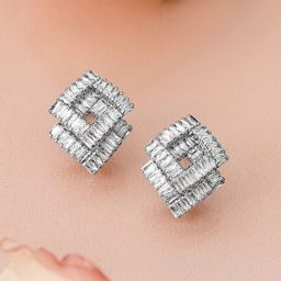 Rubans Rhodium-Plated Baguette Cubic Zirconia Studded Diamond-Shaped Stud Earrings-picture-28