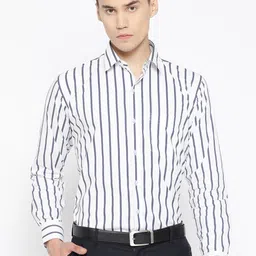 Hancock Men White & Navy Blue Slim Fit Striped Formal Shirt-image-45