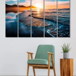 999Store Set of 5 Blue & Yellow Printed Sunset Behind The Mountains Framed Wall Art-image-54