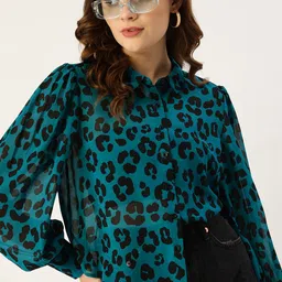 DressBerry Teal Blue & Black Animal Print Shirt Style Top-image-79