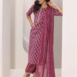 Libas Mauve Floral Printed Round Neck Straight Kurta With Salwar & Dupatta-picture-26