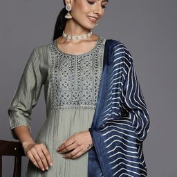 Varanga Women Green Floral Yoke Design Kurta with Trousers & With Dupatta-picture-42
