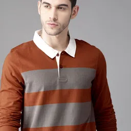 Roadster Men Rust Orange & Grey Striped Polo Collar T-shirt-picture-32