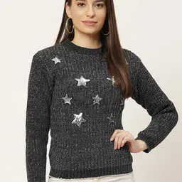 Duke Women Charcoal Grey & Silver Cable Knit Pullover with Embellished Detail-picture-25