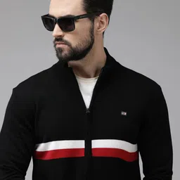 Arrow Men Black & White Striped Cardigan image 1