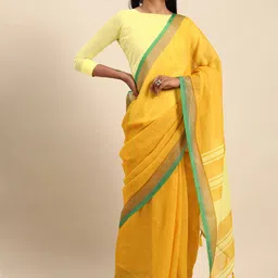 Sangria Mustard Yellow Solid Pure Linen Saree-picture-36