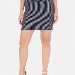 Trend Arrest Women Navy Blue & White Striped Pure Cotton Mini Pencil Skirt-picture-26